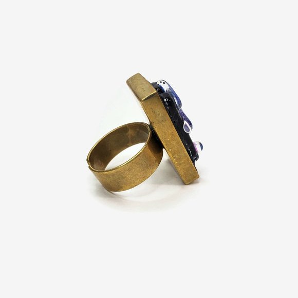 Dichroic Glass Cabochon Brass Adjustable Shank Ring Size 7.5 - Picture 2 of 4